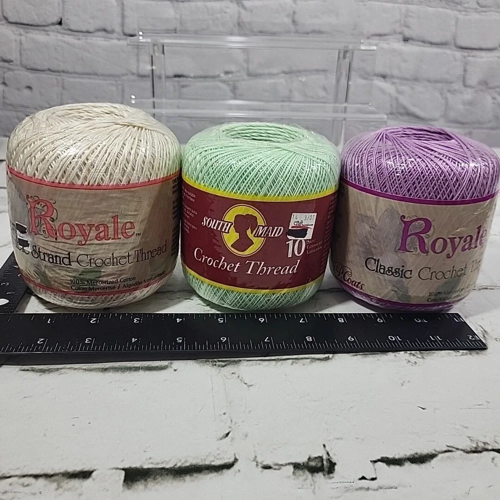 Royale Crochet Thread‎ Lot Of 3 Spools Natural White Violet Mint Green New